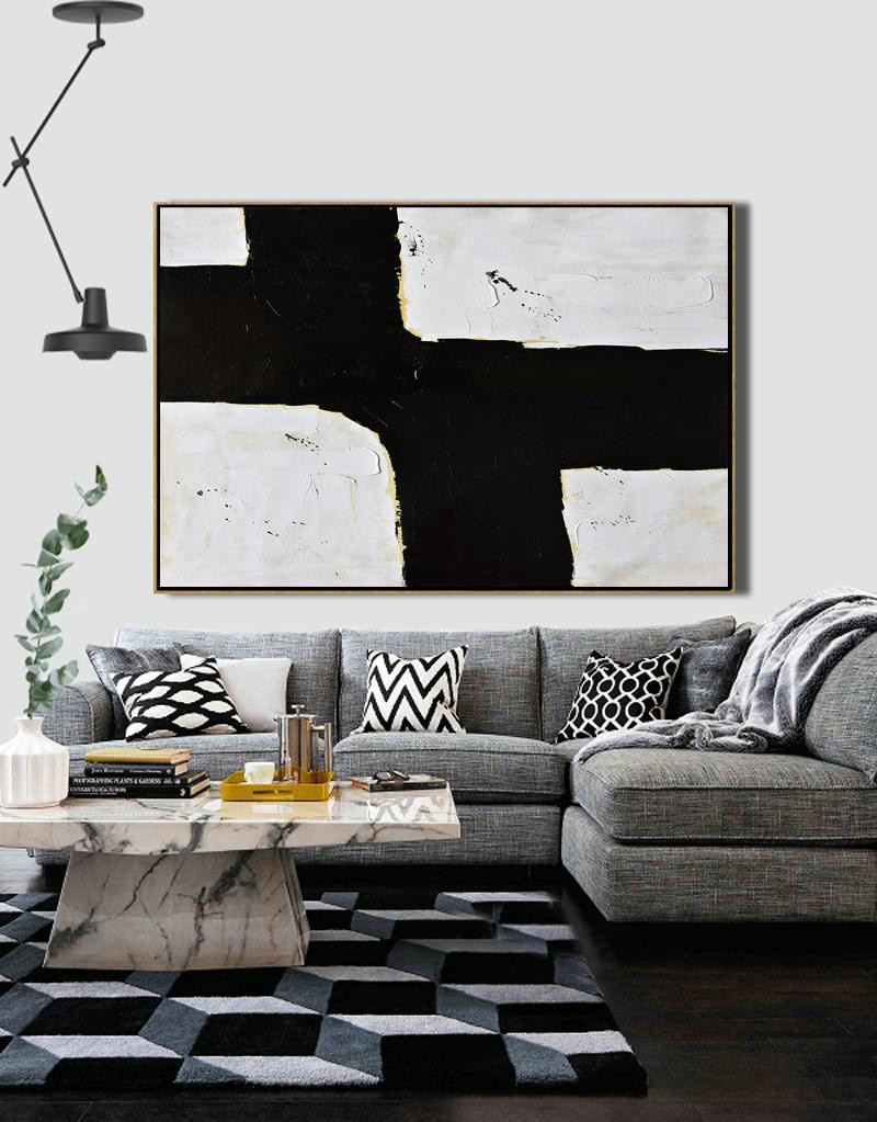 Large Wall Canvas,Horizontal Palette Knife Minimal Canvas Art Painting Black White Beige - Original Abstract Painting Canvas Art